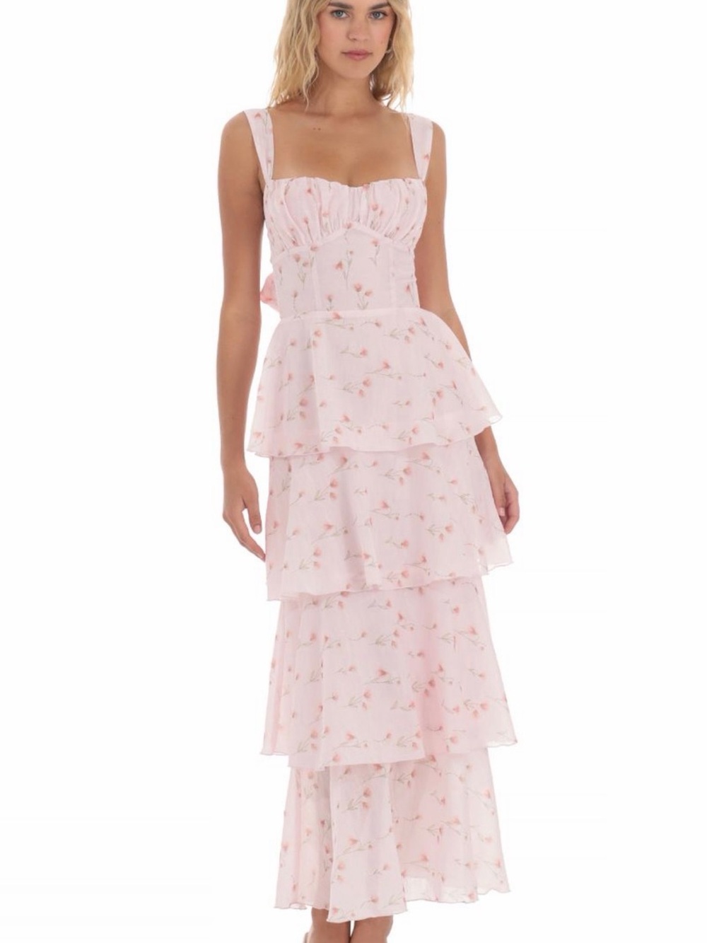 Lucy in the Sky Pale Pink Floral Tiered Maxi Dress